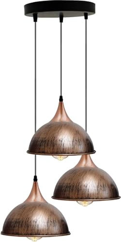LEDSone Retro 3 Way Ceiling Pendant Light Cluster Light Fitting Bushed Copper Dome Lampshade Style Home ES E27 UK Lighting Kit (Brushed Copper)