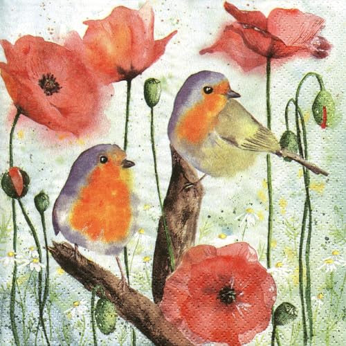 JET PAPIER ca. 33x33 cm, 3-lagig, Robin Vögel, Poppy Blumen, Mohn, Vogel Tiere, und Frühjahr Motivservietten