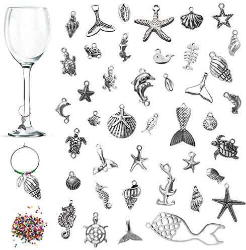 40 piezas Encantos de Copa de Vino, Vida Marina Temática Copa de la bebida Marcadores Etiquetas con diseño de hebilla y cuentas de colores para Vino Cóctel Fiesta de Cata de Champán Regalos Decoración