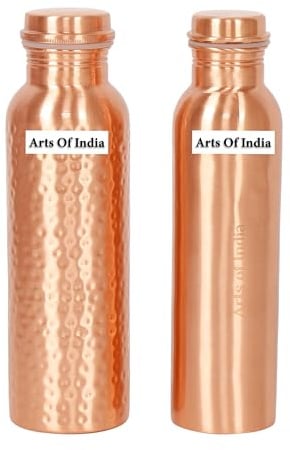 Arts Of India Trinkflaschen-Set aus reinem Kupfer, Fassungsvermögen 1000 ml, 2 Stück, gehämmert und einfarbig