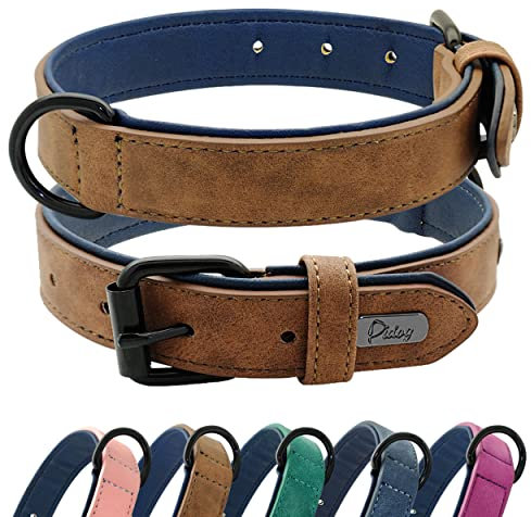 Didog-Soft gepolstertes Leder-Hundehalsband, atmungsaktives, strapazierfähiges Hundehalsband aus Leder mit Verstellbarer rostfreier Metallschnalle für kleine, mittelgroße und große Hunde, Braun, L