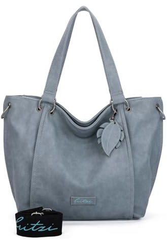 Fritzi02 Hoja Shopper Tasche Schultertasche Umhängetasche Damen Lederimitat mit Reißverschluss und breitem verstellbarem Schultergurt für Alltag Arbeit Shopping 23 L – Grau, Schwarz, Blau, Grün, Braun