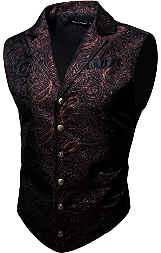 Barry.Wang Viktorianische Herren-Weste, Steampunk, Gothic, Paisleymuster, maßgeschneiderter Kragen, Weste, Halloween-Motto-Party, Rot, schwarz, X-Large