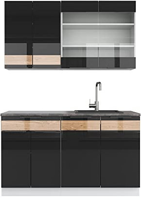 Vicco Singleküche Fame-Line, Schwarz-Eiche Hochglanz/Weiß, 140 cm