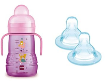 MAM Tazza Trainer, 4+ Mesi, 220 Ml Rosa + MAM - Set 2 Tettarelle Anti Goccia, Flusso Rapido, in Silicone, 4+ Mesi