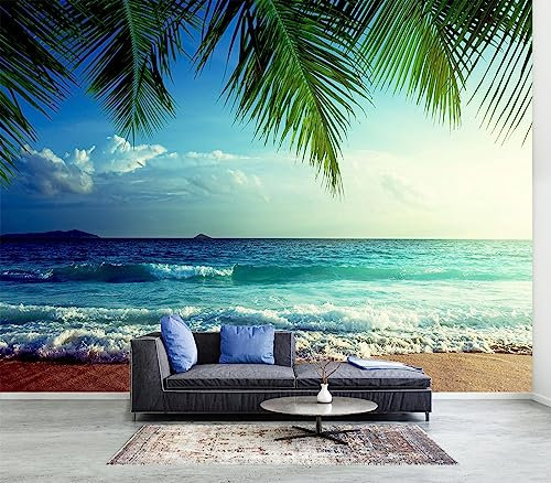 WFBHUA-Large Beach Scene Wallpaper Mural Dusk Waves Wall Murals for Bathroom Living Room Bedroom-106X70(Not Peel and Stick)