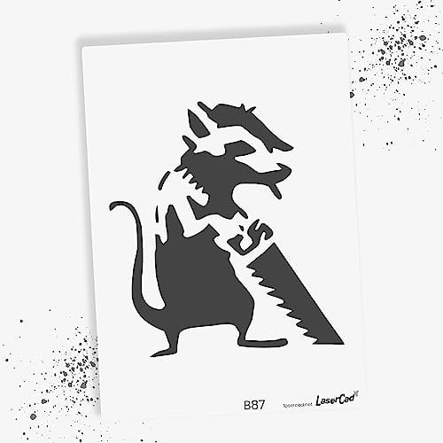 LaserCad Schablonen BANKSY Streetart (B087, Rat with Saw, DIN A2) Stencil für Graffiti, Airbrush, Kunst, Deko, zum Malen