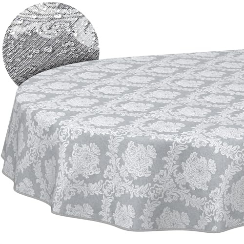 ANRO Tischdecke abwaschbar Damast Barock Grau mit Saum oval 200x140 cm | mit Saum eingefasst – schmutz- & wasserabweisend, pflegeleicht – waschbar bei 30 °C – ideal für Garten, Terrasse & Esszimmer