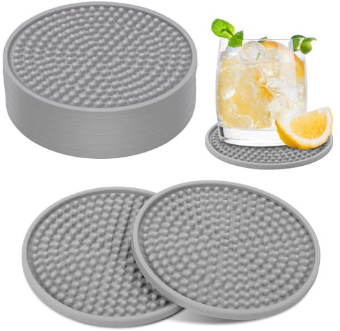 8 PCS Grey Coasters, Silicone Thick Design(0.2inch) Round Mugs Coasters Set of 8 for Drinks, Raised Anti-Skid Design Coffee Pads Beer Bar Mat, 10 * 10 * 0.5cm