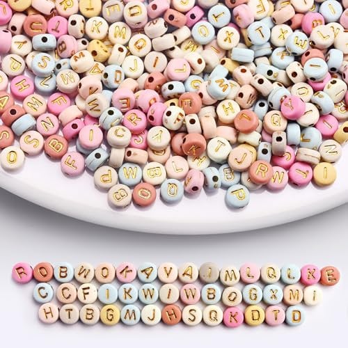 UIITUR 1000 Pcs Multi-Color Acrylic Alphabet Beads - 3x7mm Gold Letter Beads Kit - Come With Invisible Nylon Cord (600cm)