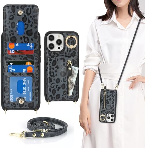 Zouzt for iPhone 15 Pro Max Case with Cord and Card Holde, Zipper Wallet Case with Crossbody Lanyard Ring Adjustable Necklace Protective Cover Women for iPhone 15 Pro Max 6.7 Inch - Black Leopard
