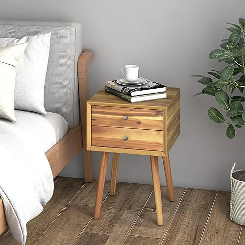 GIANTEX Table de chevet avec 2 tiroirs - Table d'appoint en bois - 40 x 40 x 59,5 cm - Console de nuit avec pieds hauts - Table de salon, table basse, pour chambre à coucher (noyer)