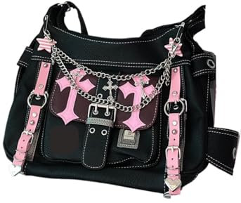 HACODAN Y2K Umhängetasche Grunge Preppy Crossbody Punk Aesthetic Harajuku Goth Gothic Kette Messenger Bag, Schwarz, Einheitsgröße