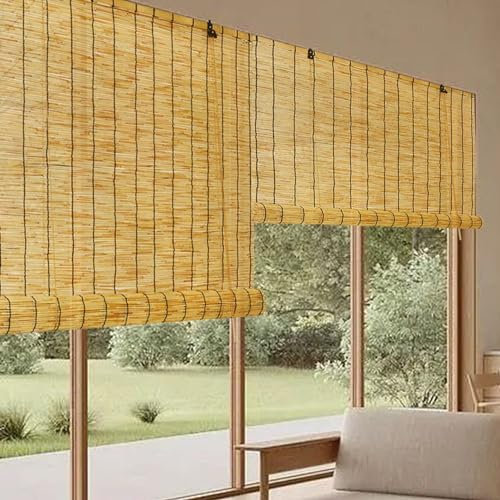 Bambus Rollo Bambusrollo, Outdoor Rollos Wetterfest Schilfvorhänge, Breit 50-150cm Lang 60-300cm, 70% Blickdicht Raffrollo für Türen Fenster, Sichtschutz Sonnenschutz Natural Schilf Vorhang Jalousie (
