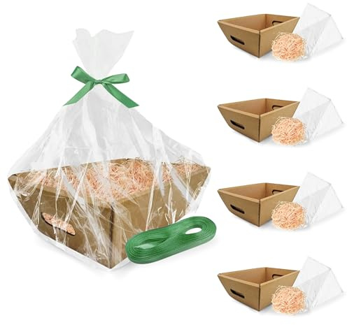 5 cestas de regalo vacías 45 x 33 x 13 cm + 500 g de papel de pino + 10 hojas celofán + 25 m de hilo | Caja de cartón sin tapa | Papeleras, regalos, cumpleaños, Pascua, San Valentín, fiestas