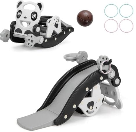 DREAMADE 4 IN 1 Kinder Rutsche mit Basketballkorb und Ringwurfspiel und Schaukelpferd, Kinderrutsche mit abnehmbarem Hocker, Kinder Spielplatz Indoor für Jungen & Mädchen (Schwarz-Panda)