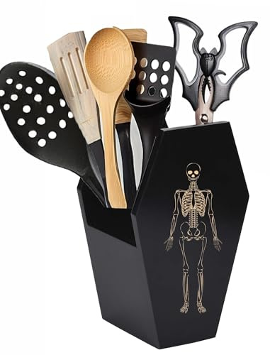 TOSOENPHY Coffin Utensil Holder - Spooky Gothic Kitchen Decor for Utensils Spoons/Spatulas, Goth Horror Storage Holder for Art Studio Painting Brush Holder, Deep and Sturdy, cofkitche01
