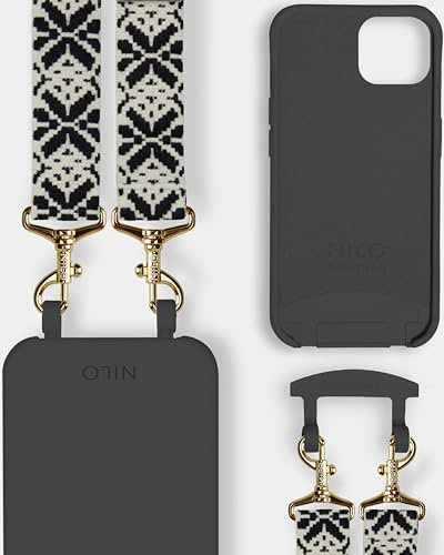 NILO® Set | Handyhülle mit Band, Handyband Black Mattatang mit schwarzer Handyhülle für IPhone 11 Pro Max | hochwertige Handykette, verstellbar, mit Karabiner Gold
