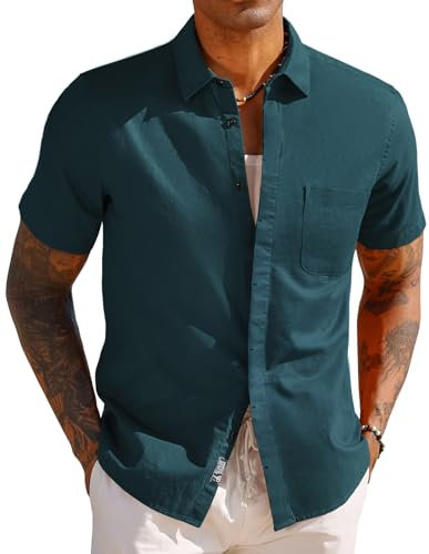 PJ PAUL JONES Chemise en lin à manches courtes pour homme - Coupe droite - Pour l'été - Décontractée - Pour la plage, bleu foncé, L