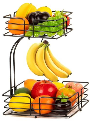 DTREEL Cesto di Frutta Ciotola di Frutta a 2 Livelli con Gancio per Banane-Ciotole di Frutta In Metallo da Appoggio per La Cucina Mantiene Frutta e Verdura Fresche,Black