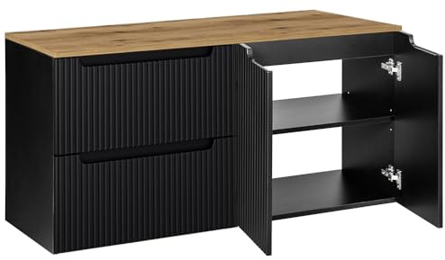 Lomadox Badezimmer Doppelwaschtisch-Unterschrank 120cm, in schwarz mit Eiche, gerillte Front, grifflos