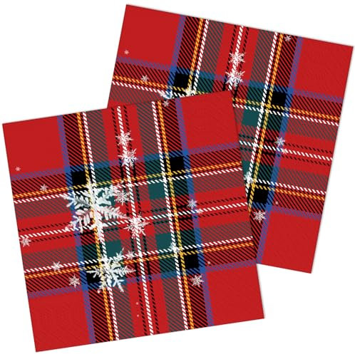 Weihnachten Servietten 50 Stück Schottisches Rot und Schneeflocken Papierservietten Party Servierten 33 x 33 cm Weihnachtsservietten