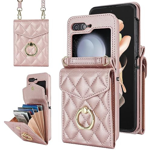 Draamvol for Samsung Galaxy Z Flip 6/ Z Flip 7 FE Phone Case, Wallet Shockproof PU Leather with Card Holder Ring Holder Detachable Necklace Magnetic RFID Blocking Hinge Protection Cover, Rose Gold