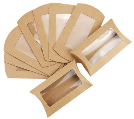 VASANA 20 Stück Kraftpapier-Kissen-Schachteln mit transparentem Fenster, Keksverpackung, Kissen-Geschenkbox, Faltschachteln, Süßigkeiten, Schokolade, Schmuck, Display, Hochzeit, Party, Gastgeschenk