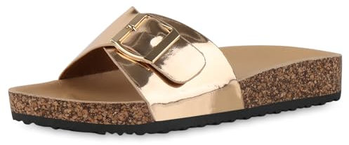 VAN HILL Damen Pantoletten Flach Lack Bequem Schuhe 216164 Rose Gold 36