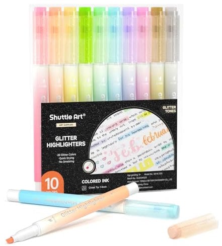 Shuttle Art Glitzer Textmarker Set, 10 Glitzer Farben Highlighter Pen mit Keilspitze, schnelltrocknende, ungiftige Markierstifte mit leuchtenden Farben, Neon Textmarker Kinder für Schule, Büro
