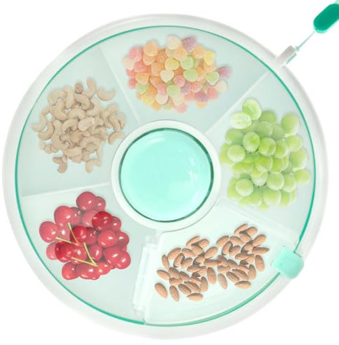 Caja giratoria de aperitivos para niños pequeños con correa de mano de 18 cm, 5 compartimentos, bandeja portátil para servir aperitivos, contenedor de aperitivos para picnic, viajes, caramelos (verde)