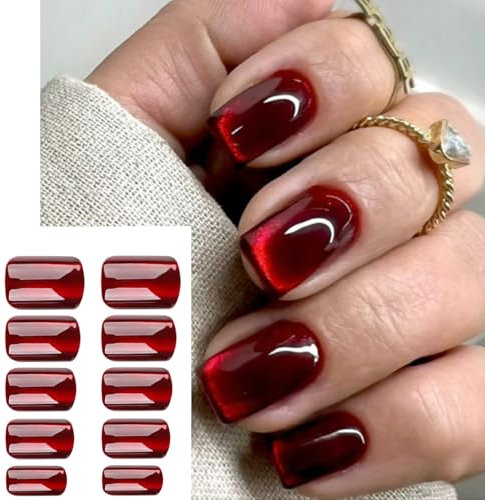 24PCS Wine Red Glitter Cat Eye Press On Nails for Women, Short Square Full Cover Acrylic Fake Nails with Glossy Finish, Reusable and Long-Lasting DIY Nail Art Set