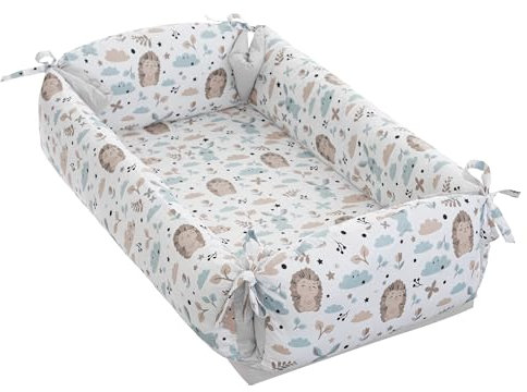 HOBBYGARDEN Nestchen Reisebett für Babys Säuglinge 98x58 cm – 2 in1 Babynest, Kuschelnest, Babymatte 100% Baumwolle – antiallergisch - atmungsaktive und weiche Babyliege mit Kopfstütze – (Igelchen)