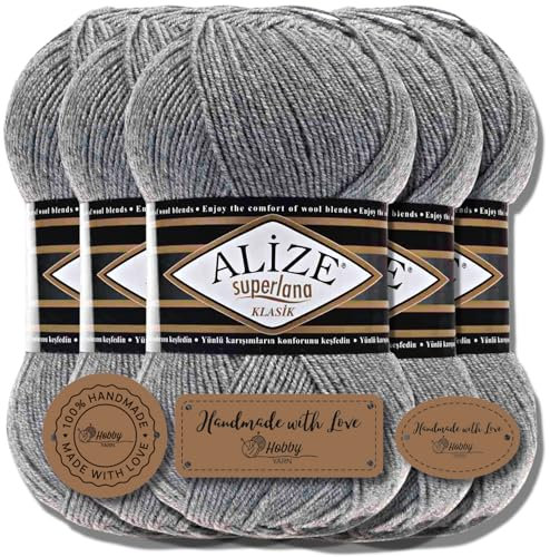 Hobby YARN 3x Etikettenlabel mit Alize Superlana Klasik Wolle Premium 5x100g als Set | Yarn | Garn | Strickgarn Einfarbig Baby zum Häkeln Stricken Kleidung Schals (Grey Melange | 21)