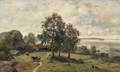 FIKAGXQGT Kunstdruck Leinwand Vintage Wandbild Berühmte Gemälde Sommerlandschaft Am Seeufer Oscar Torna WandgemäLde für Wanddekoration 60x90cm