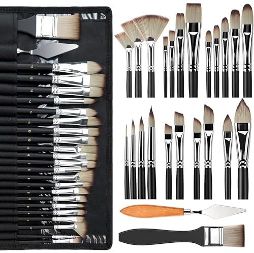Bougimal 25-Piece Professional Paint Brush Set, Perfect for Acrylic, Oil, Watercolor & Gouache Painting, Includes Canvas Roll-Up Case & Palette Knife - Ideal Art Supplies Gift Set
