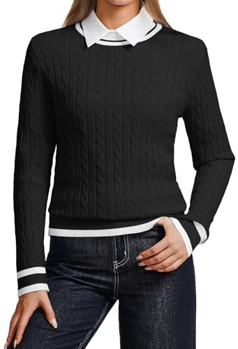 YUNDAI Womens Cable Knit Crewneck Long Sleeve Lightweight Casual Jumper | Soft cable knit sweater with contrast trim, crewneck cut, lightweight relaxed fit for spring fall everyday casual outfits