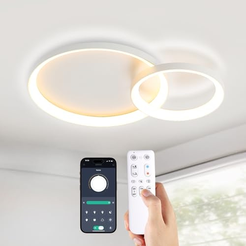 RRBEST LED Deckenlampe Wohnzimmer Deckenleuchte, 28W/42cm Dimmbar Modern Wohnzimmerlampe mit Fernbedienung, 3000K-6000K, 2-Ring Design Schlafzimmerlampe für Esszimmer Arbeitszimmer