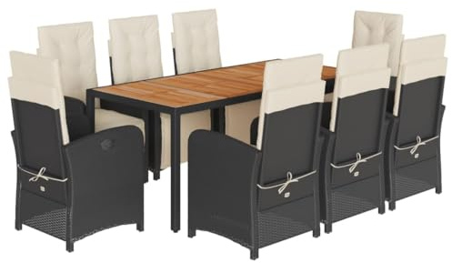 vidaXL Garden Dining Set 9 Piece with Cushions, Table and Chairs for Patio, Outdoor Dining Set with Coffee Table, Modern Style, Black Poly Rattan