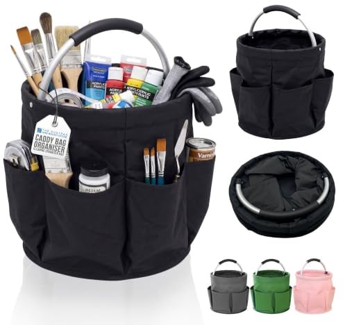 Cleaning Caddy with Handle - Tool Bag Organiser with 6 Side Pockets, 1 Large Pocket & Handle, Cleaning Bag with Foldable Design, Caddy Organiser for Home, Laundry & Car Organizer - Black