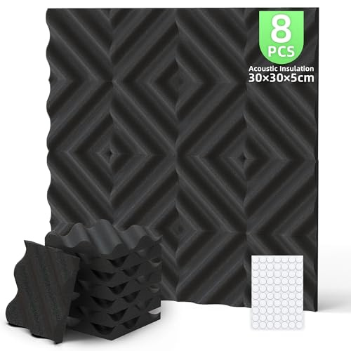 Foneso Akustikschaumstoff,Schalldämmung, Akustikpaneele,8 Stück 30×30×5cm | 3D Hochdichte Schallabsorber Wand, Schalldämmstoffe für Aufnahmeräume, Aufnahmeräume und Büros Schwarz