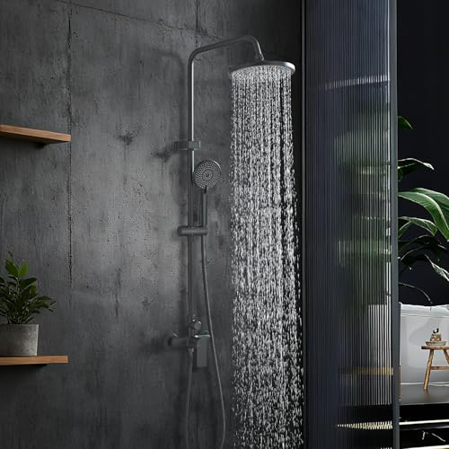 HUAHOMDY Schwarz Duscharmatur Komplettset Regendusche mit Armatur Duschsystem 25 cm Rund und 3 Strahlarten Handbrause Höhenvestellbar Duschset mit Armatur für Badewanne