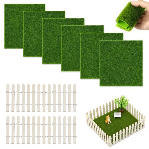 Kunstrasen Set mit 8 Teilen, 6x 15x15 cm Kunstrasenflächen und 2x 8,5x27 cm Mini Gartenzaun, ideal für Miniaturgärten, Bastelprojekte und Dekorationen, Indoor und Outdoor geeignet