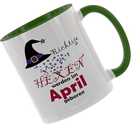 Richtige Hexen werden im APRIL geboren - Kaffeetasse mit Motiv, Tasse mit Druck, auch individuell mit Spruch, Foto, Wunschtext, Wunschname (Grün)