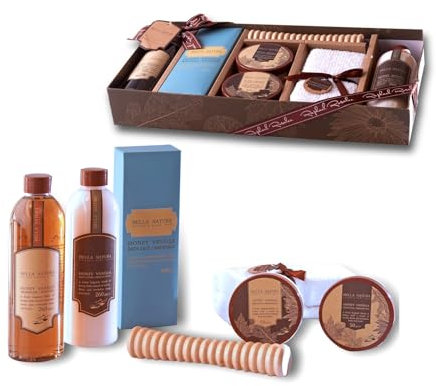 RAPHAEL ROSALEE COSMETICS Bade- und Pflegeset Bella Natura No. 081 (7-teilig) mit Honig & Vanille – Badegeschenkset mit Massageroller, Handtuch, Badesalz, Körperbutter Körperpeeling uvm.