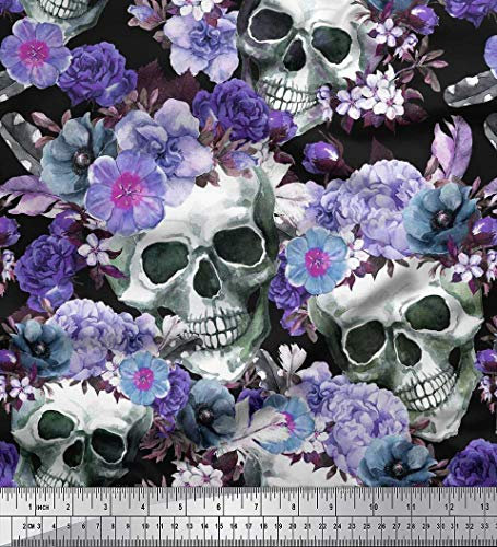 Soimoi Violet Batiste de Coton en Tissu crâne, Rose et anémone Fleur Tissu Imprime 1 Metre 42 Pouce Large