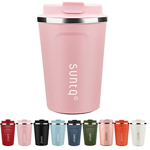 SUNTQ Kaffeebecher to go aus Edelstahl - Thermobecher Doppelwand Isoliert - Kaffeetasse mit Auslaufsicherem Deckel Wiederverwendbar (Rosa, 380ml)