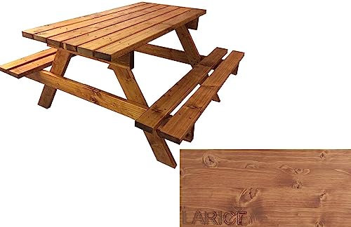 TOTAL WOOD 2012, Mesa de Picnic con Dos Bancos, Modelo Classico con Tablero de una Sola Pieza, de Madera Maciza, Conjunto de Camping Tablero + Asientos, Made in Italy (150x160x80, Alerce)
