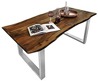 SAM Esstisch Quinn 180x90 cm Baumkante Akazie nussbaum/U-Gestell Silber | massiv, Echte Baumkante, Akazienholz nussbaumfarben, Baumkantentisch, Esszimmertisch, Metallbeine