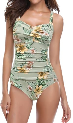 SHEKINI Bikini Femme Body Guide Push up Maillots de Bain Femme 1 Pièce Monokini Rembourré Beachwear Ruché Effet Ventre Plat Halter Réglable Sport Bikini de Plage (XXL, A-Gris Vert)